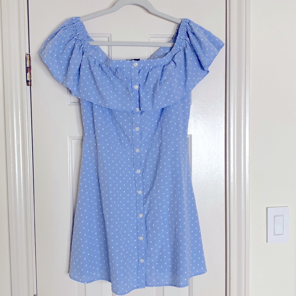 Topshop US 8 pretty off the shoulder blue with white detailing button down dress